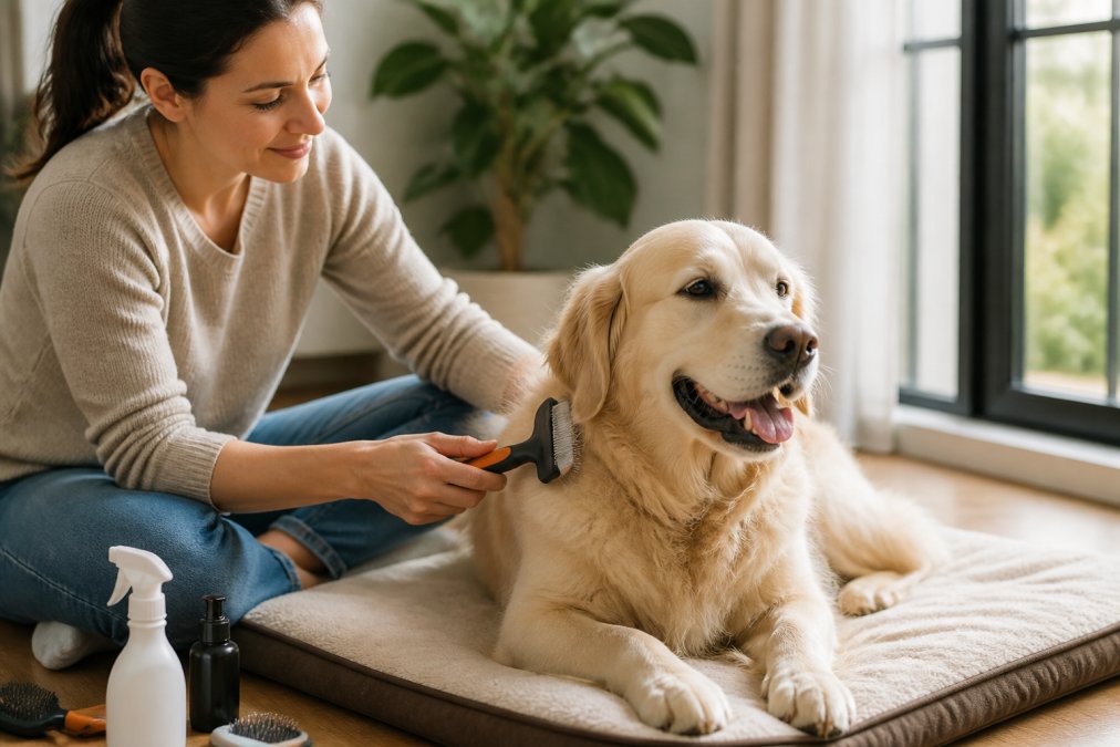 Pet owner at home carefully brushing their dog's coat with proper grooming tools, dog sitting peacefully indoors on a comfortable mat with natural sunlight