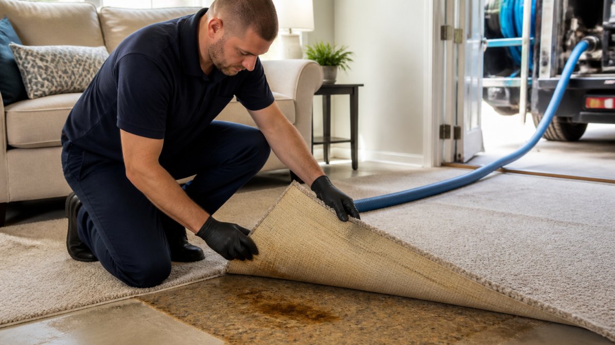 A cleaning technician in gloves kneeling beside a carpet, lifting the edge to reveal the stained padding underneath, with a truck-mounted hose visible in the background of a bright living room