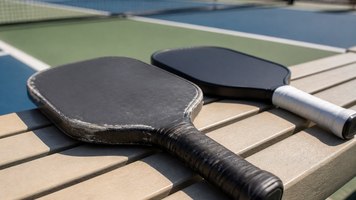 Close-up of a well-used pickleball paddle resting on a court bench, showing worn edge guard and grip tape, with a newer paddle beside it for comparison