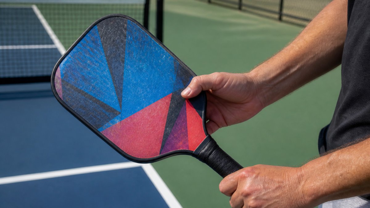 Close-up of a player's hands holding a custom-printed pickleball paddle with a vibrant edge-to-edge graphic, showing the paddle face after a match on an outdoor court
