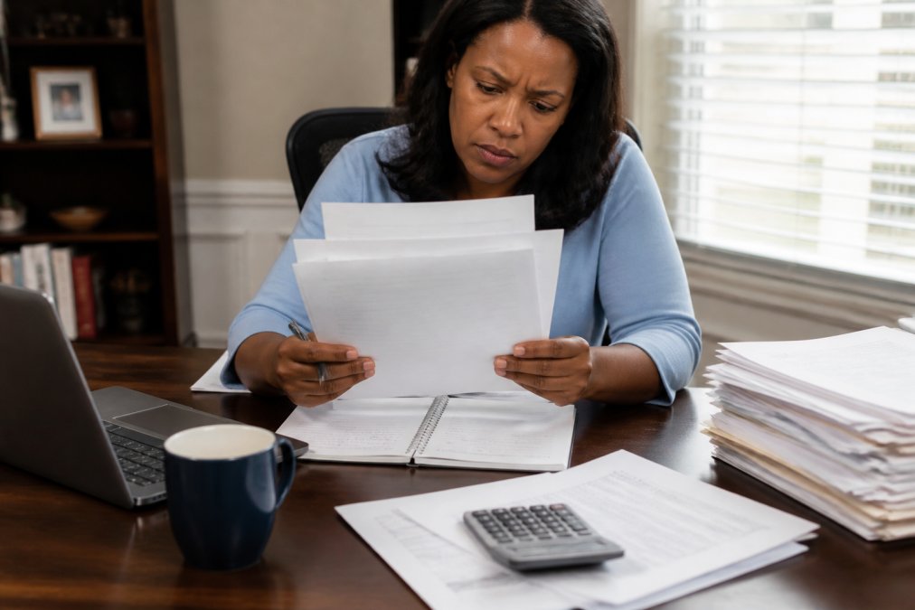 A healthcare administrator reviewing licensing paperwork at a desk with a laptop and coffee, appearing focused and slightly stressed, warm office lighting
