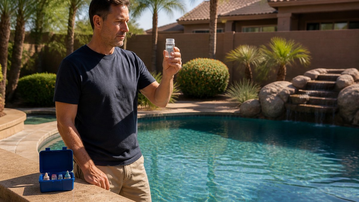 Homeowner holding a water sample by a clear pool for professional pool water testing in the morning sun.