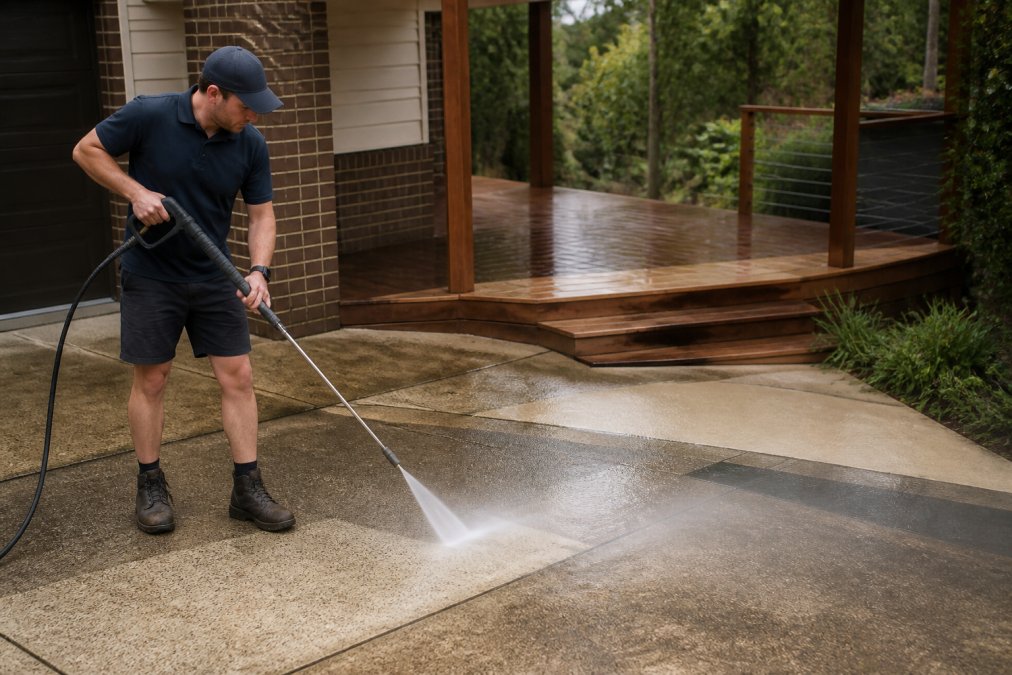 A professional cleaner using a pressure washer on a concrete driveway, with a timber deck visible in the background, showing different surface types being cleaned safely