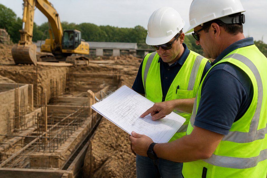 Construction site supervisor in safety gear reviewing detailed project plans and blueprints on a clipboard with team member, pointing at specific sections with excavation equipment and foundation work visible in the background