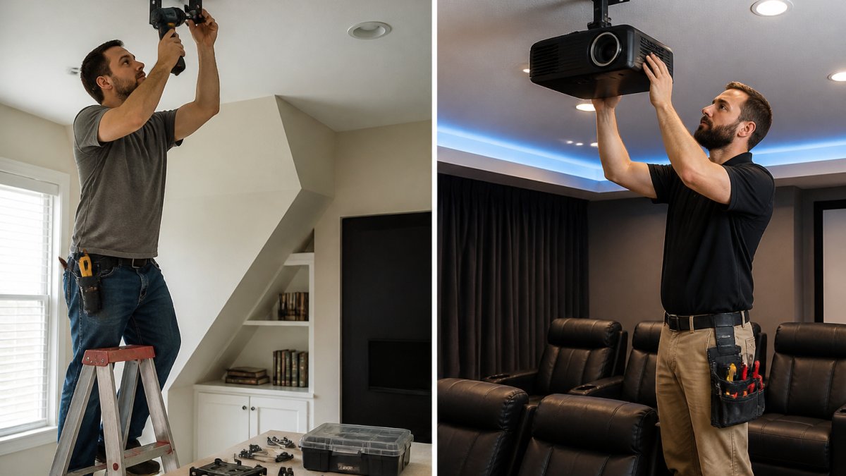 Homeowner standing on ladder installing ceiling mount bracket for projector, with drill in hand and mounting hardware visible on nearby workbench