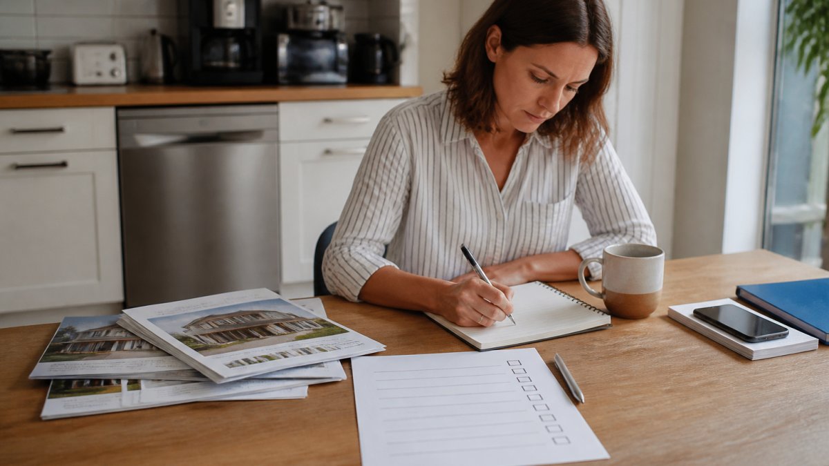 A person at a kitchen table with a laptop, printed property listings, a notepad and a pen, working through a checklist of checks before making an offer