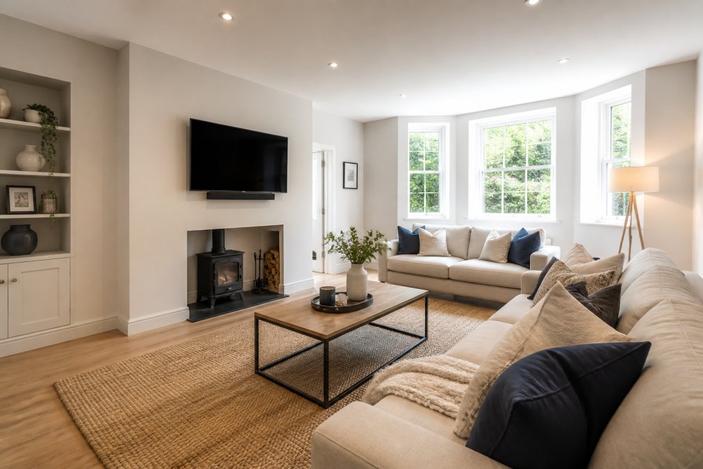 A bright, professionally photographed living room with natural light streaming through windows, showing careful staging and a wide-angle perspective that makes the space feel open and inviting