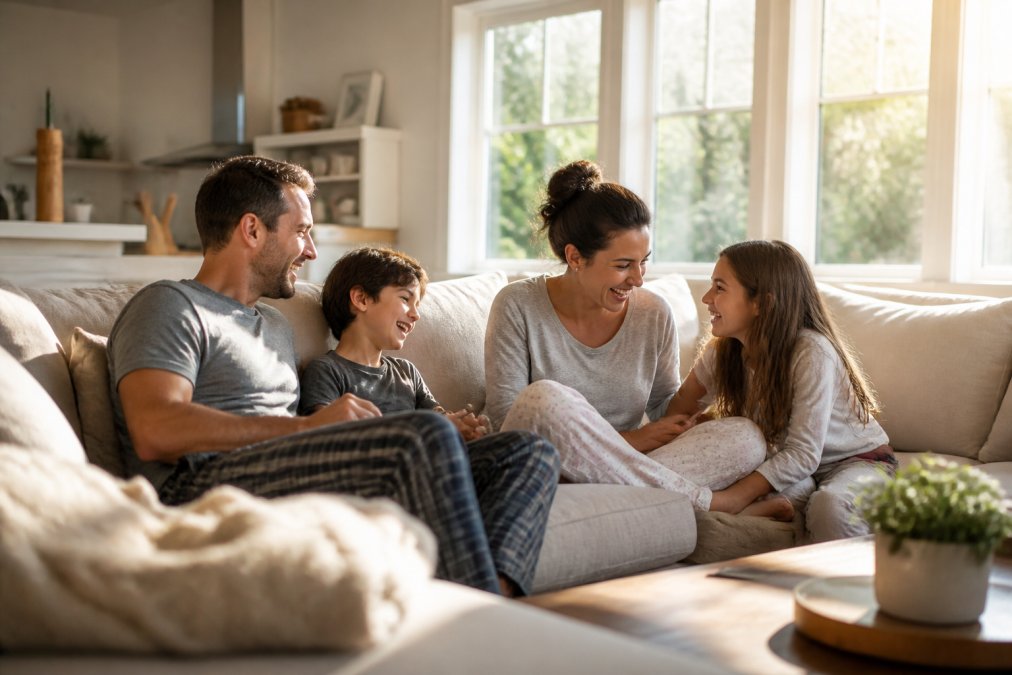 Family of four relaxing together on a clean, well-organized living room sofa on a weekend morning, natural sunlight streaming through windows, everyone smiling and engaged with each other