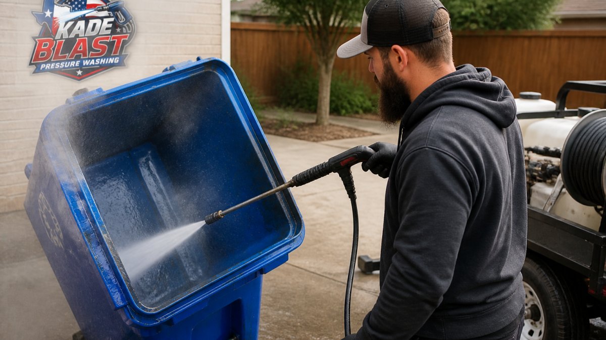 Operator using high-pressure equipment for professional recycling bin cleaning to remove grime and food residue.