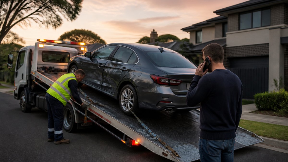 A damaged car on a tow truck in a suburban Melbourne street at dusk, with a tow operator in a high-visibility vest securing the vehicle while the driver stands nearby on the phone