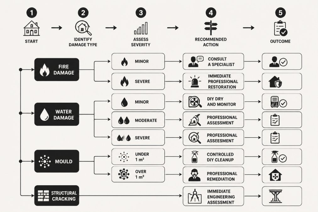 Flowchart mapping damage severity to restoration advice for fire, water, and mould issues.