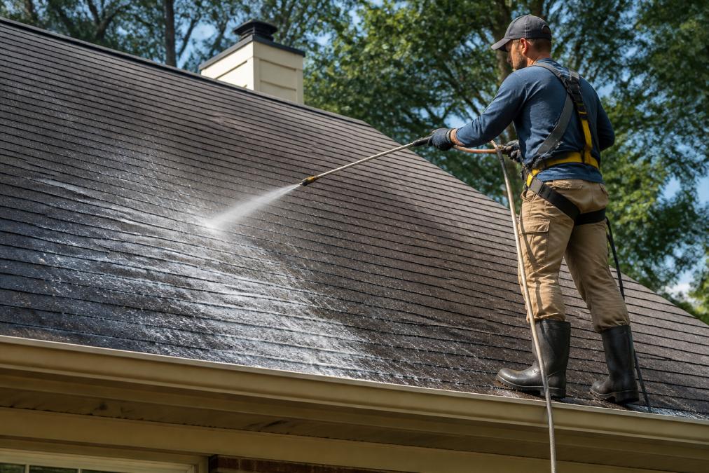 A professional technician in safety gear uses a low-pressure soft wash wand on an asphalt shingle roof, a gentle mist of cleaning solution visible against the dark shingles