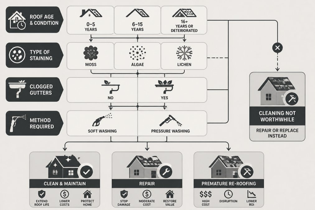 Flowchart mapping the decision process for roof cleaning based on material condition, staining, and repair costs.
