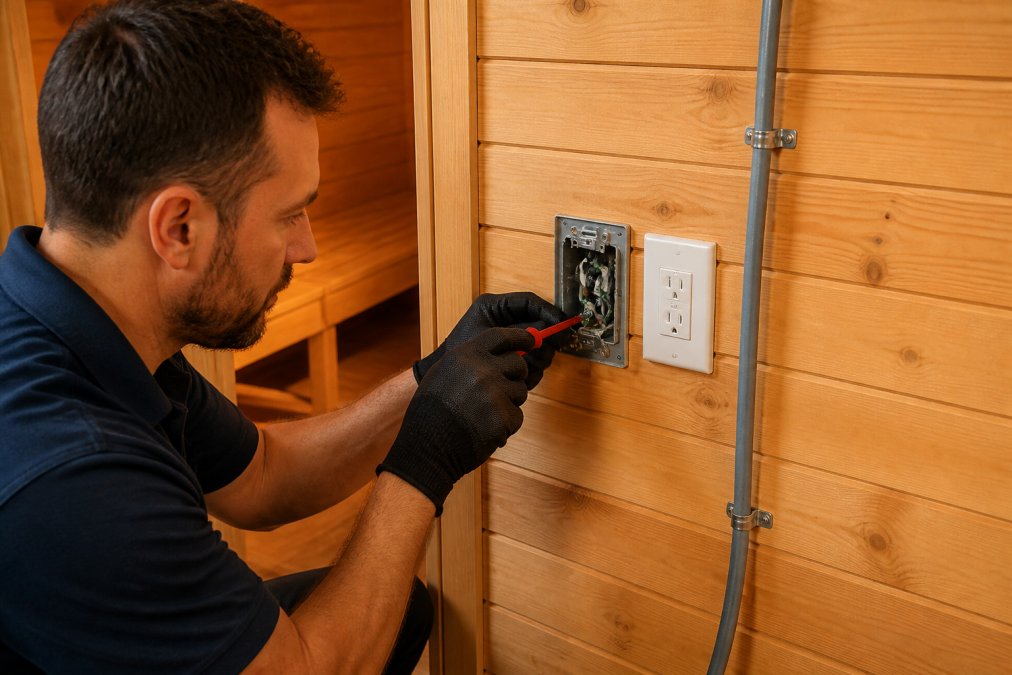 Professional electrician inspecting electrical wiring and ground fault circuit interrupter outlet in a residential sauna installation, close-up view with focus on outlet connections and safety equipment