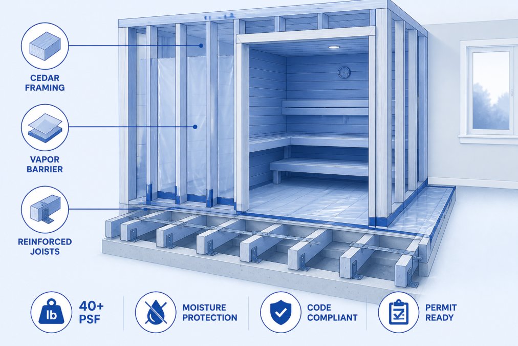 Interior view of sauna under construction showing subfloor preparation with reinforced joists, vapor barrier installation, and cedar wood framing in residential space with natural lighting