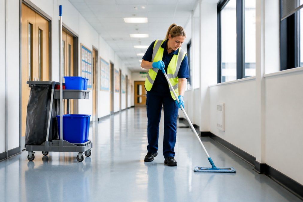 Professional cleaner in high-visibility uniform and gloves thoroughly cleaning a school corridor with modern equipment, bright natural light through windows showing a spotless floor