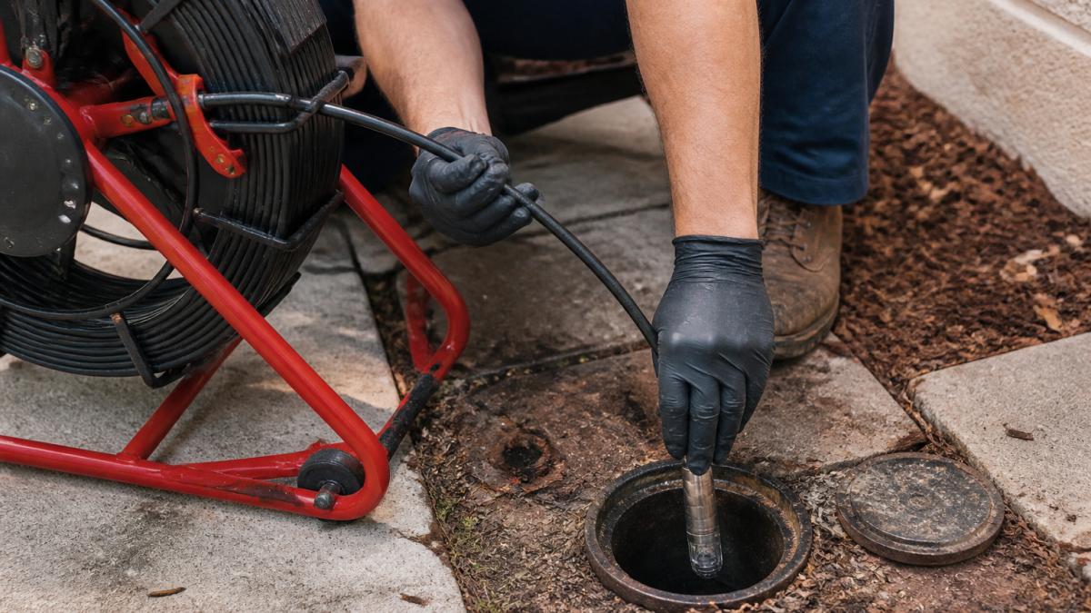 Technician guiding a cable during a sewer line camera inspection at a cleanout access point