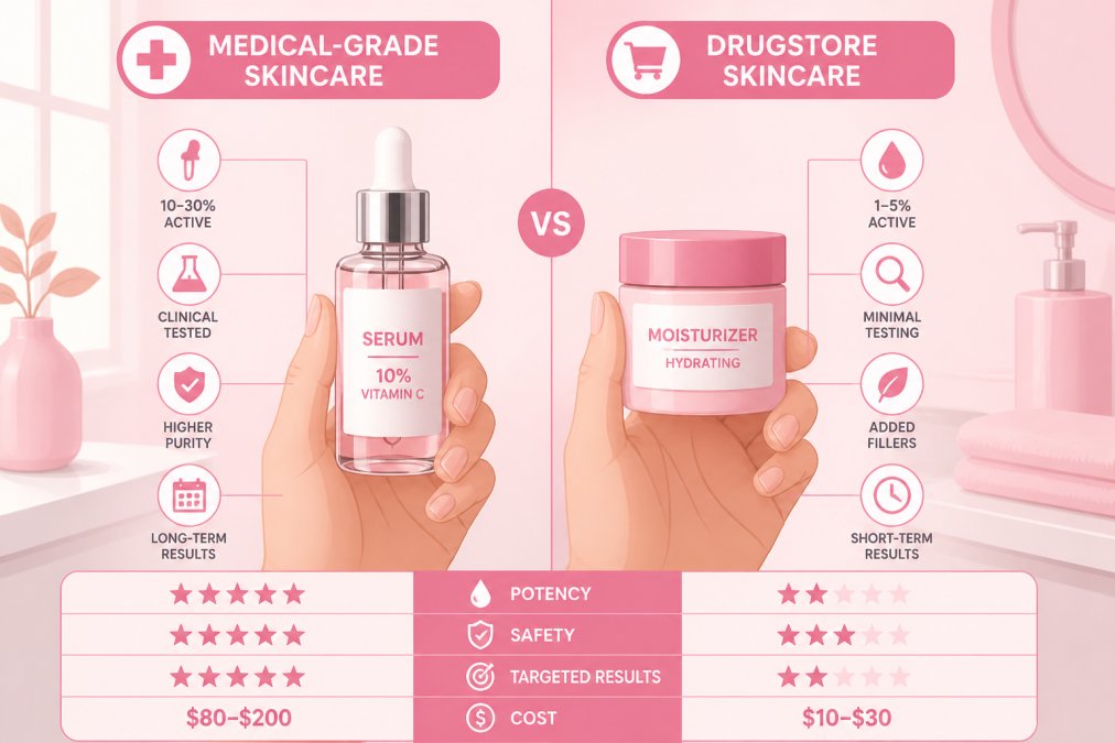 Close-up of hands holding a professional serum bottle and a drugstore moisturizer side by side, showing the contrast in packaging and presentation on a clean bathroom vanity with natural window lighting