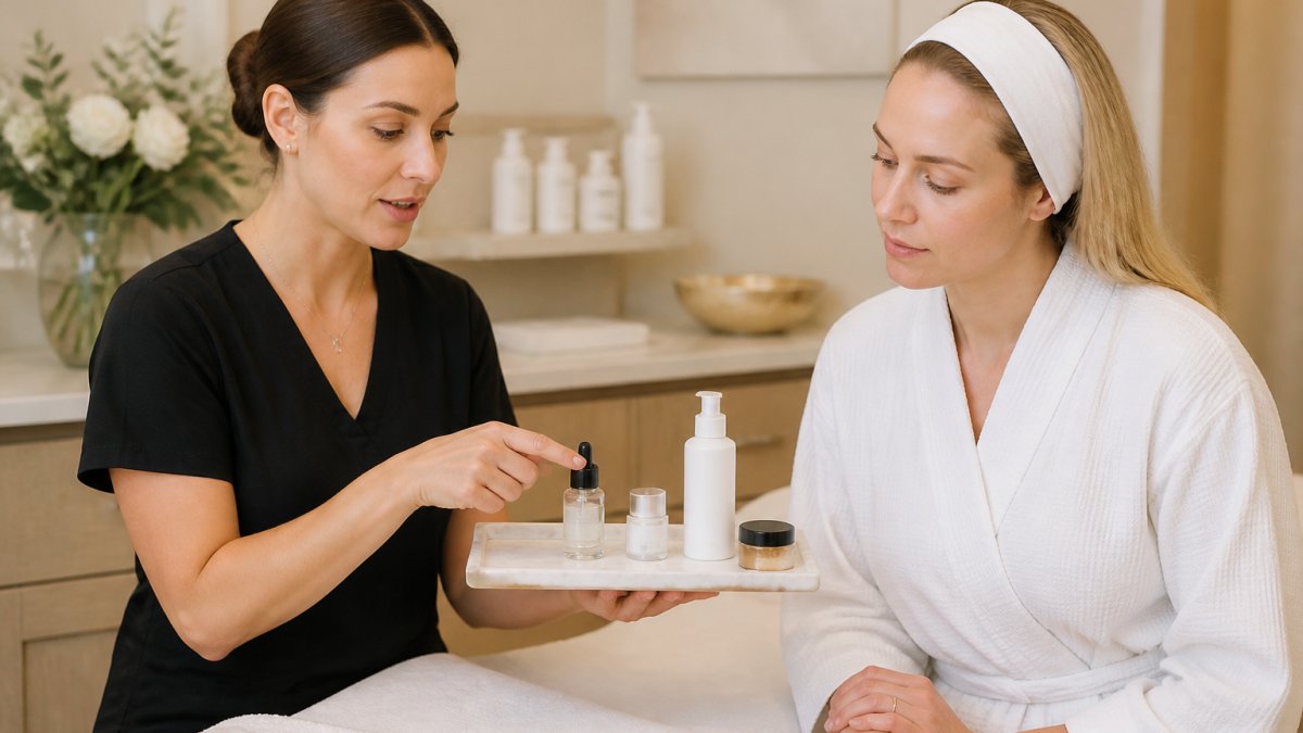 Aesthetician explaining professional skincare products to a client in a calm treatment room