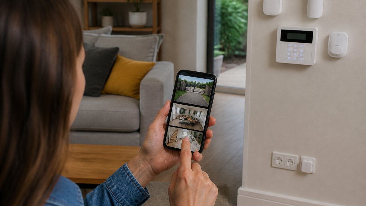 Homeowner viewing security camera feed on a smartphone in a modern living room, with visible smart home devices like keypads and sensors in the background