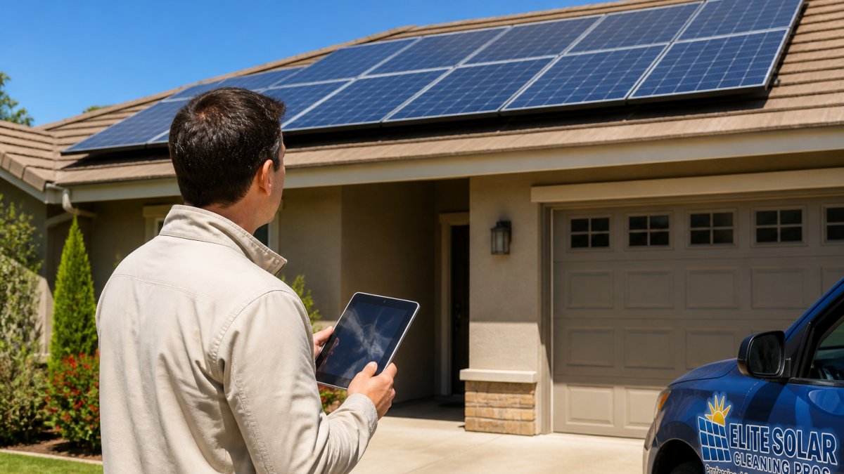 Homeowner checking energy output on a tablet while inspecting a rooftop array before solar cleaning
