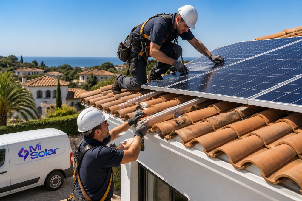 A solar installation technician in safety gear securing a photovoltaic panel on a terracotta tiled roof of a Mediterranean villa, with a second worker checking mounting brackets below, bright afternoon sunlight