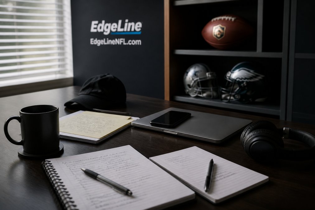 Professional sports bettor working at desk with multiple monitors displaying live betting lines and analytics dashboards, hands on keyboard, coffee cup nearby, professional home office with sports memorabilia in background
