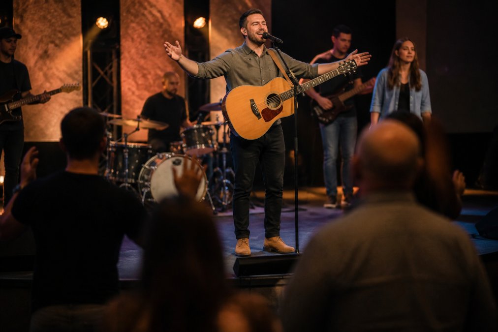 A worship leader performing on a church stage with a discreet lyrics prompter at floor level, eyes up and engaged with the congregation, band visible in the background