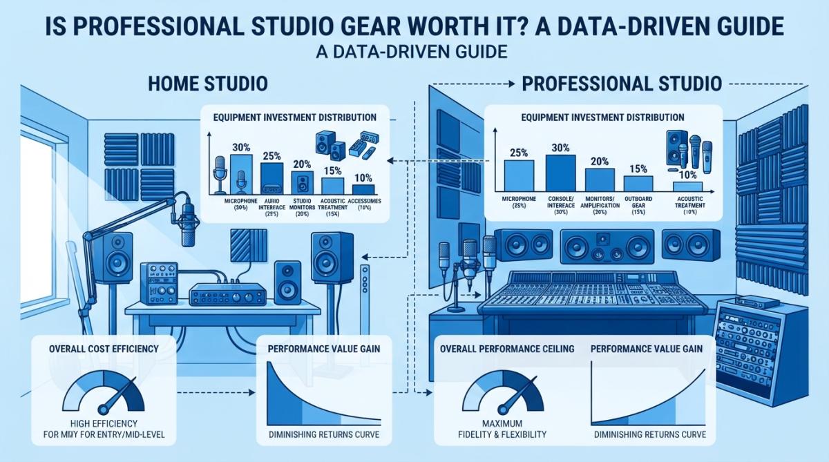 Well-organized home recording studio with acoustic foam panels on walls, professional microphone on boom arm, audio interface on desk, studio monitors on stands, and natural window lighting