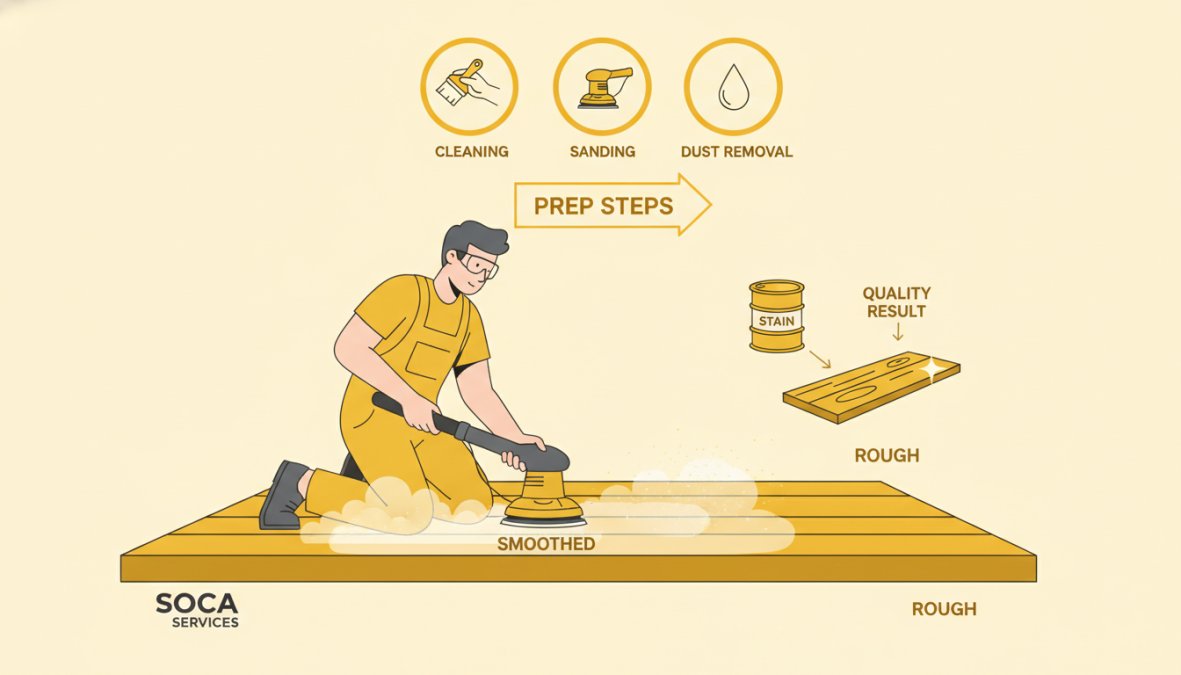 Soca Services professional carefully sanding wooden surface with orbital sander, showing proper technique and dust containment, natural workshop lighting
