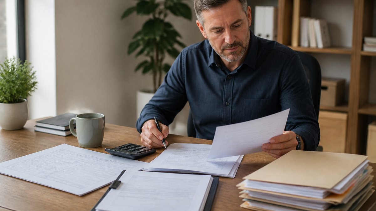 Small business owner reviewing financial documents and a calculator for professional tax preparation at a desk