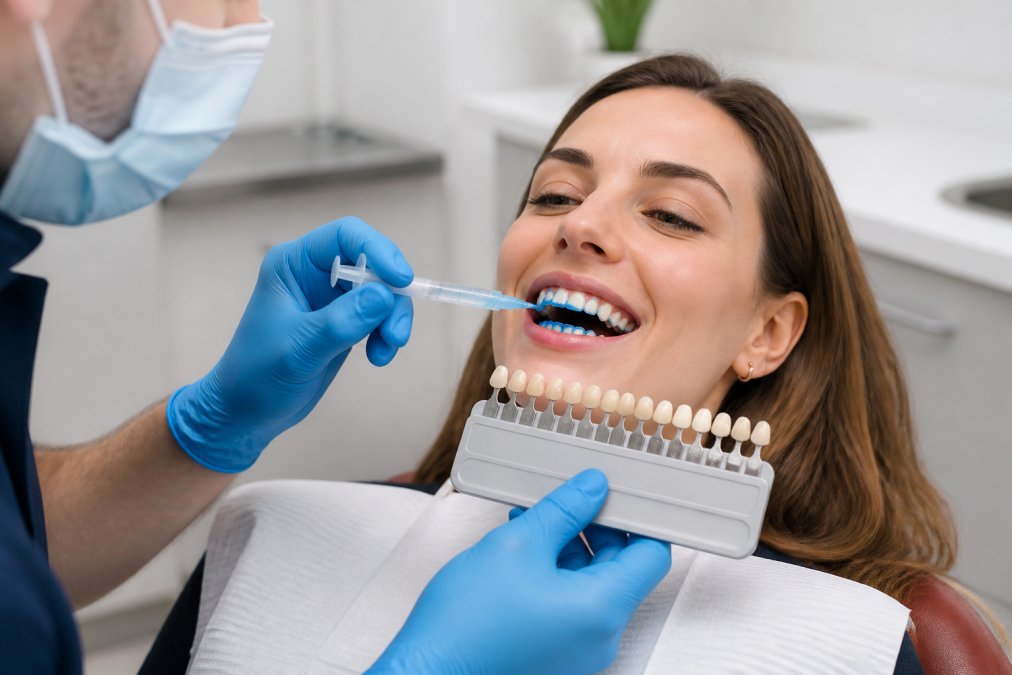 Professional dentist applying whitening gel to patient's teeth with shade guide visible in modern dental clinic