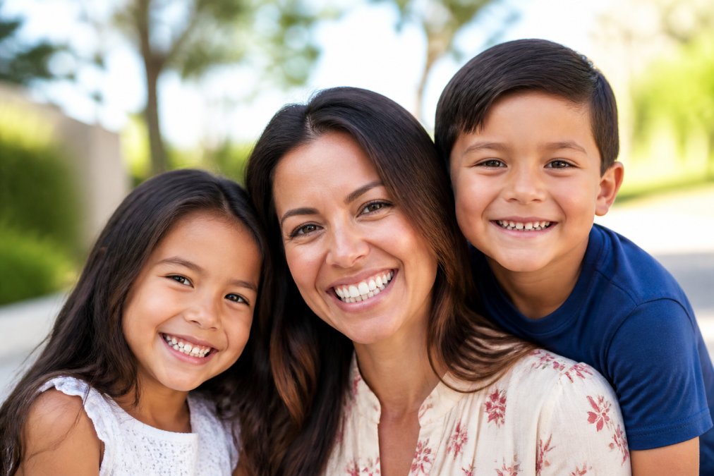 Parent smiling confidently with children in bright, natural daylight, showing a radiant whitened smile during family time
