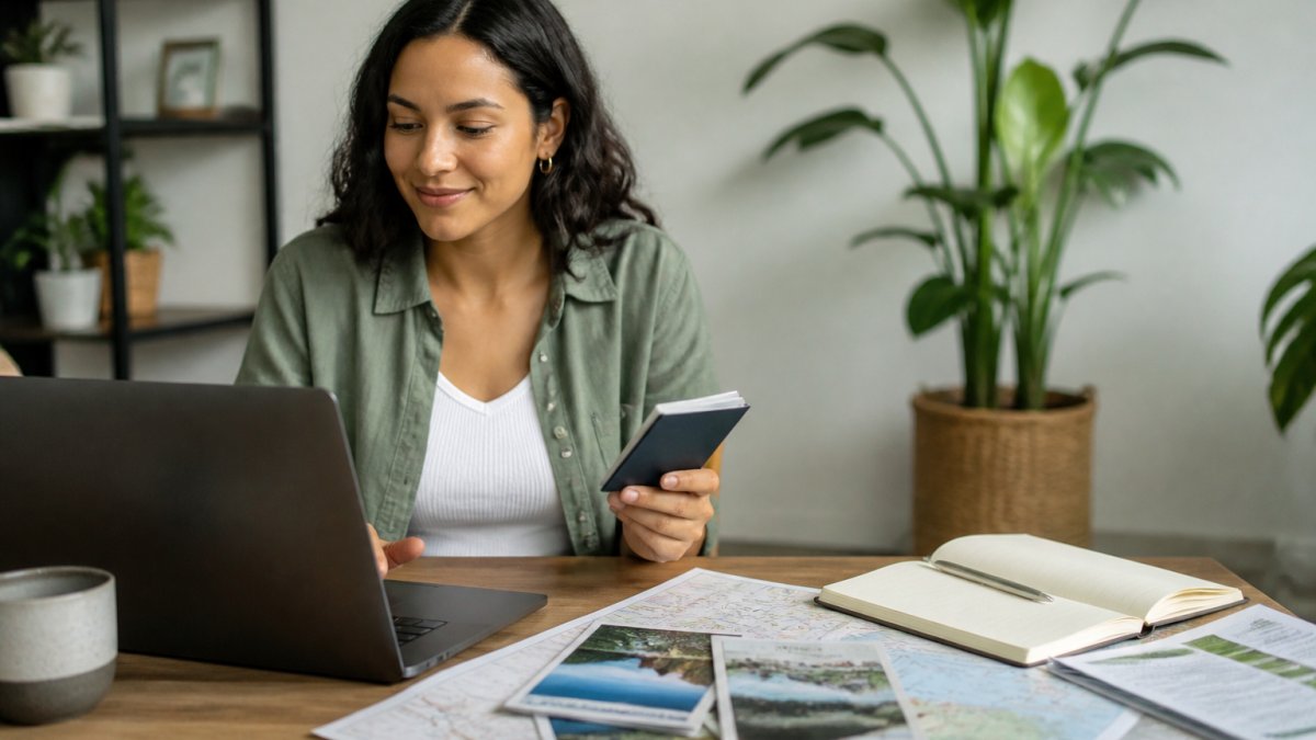 Traveler sitting at desk with laptop and travel documents, looking confident while planning a trip with relaxed expression and natural office lighting