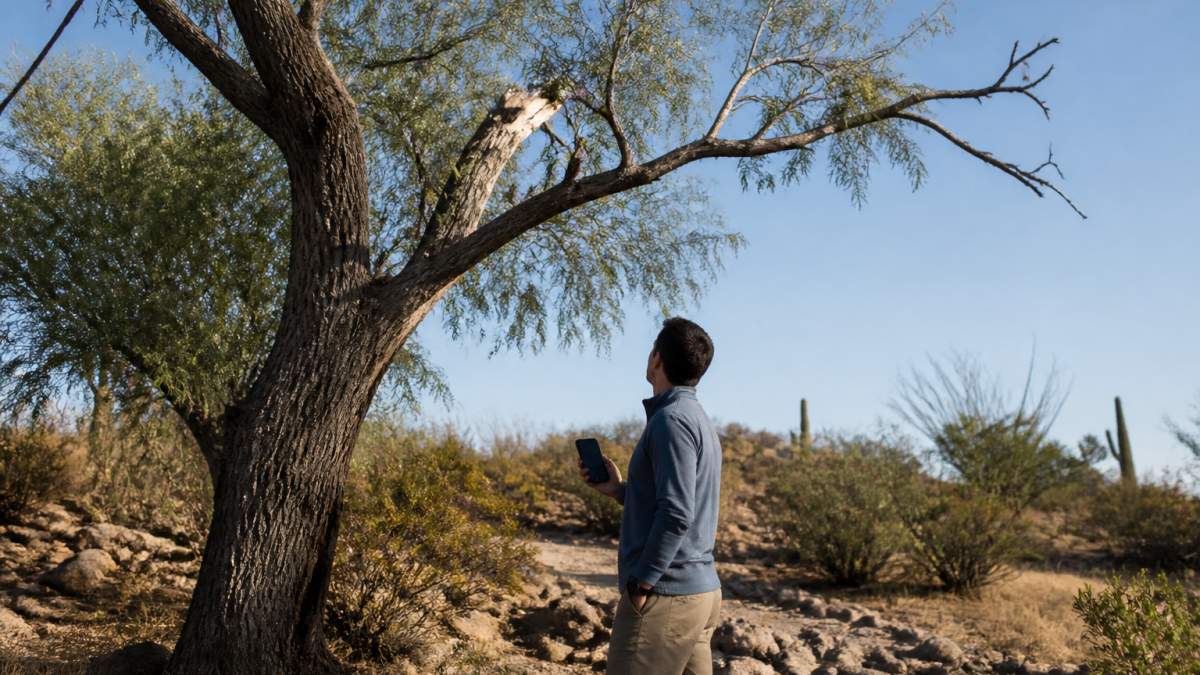 A homeowner standing on a rocky desert property in Arizona, looking up at a large mesquite tree with a visible dead limb and cracked bark, phone in hand, late afternoon sunlight