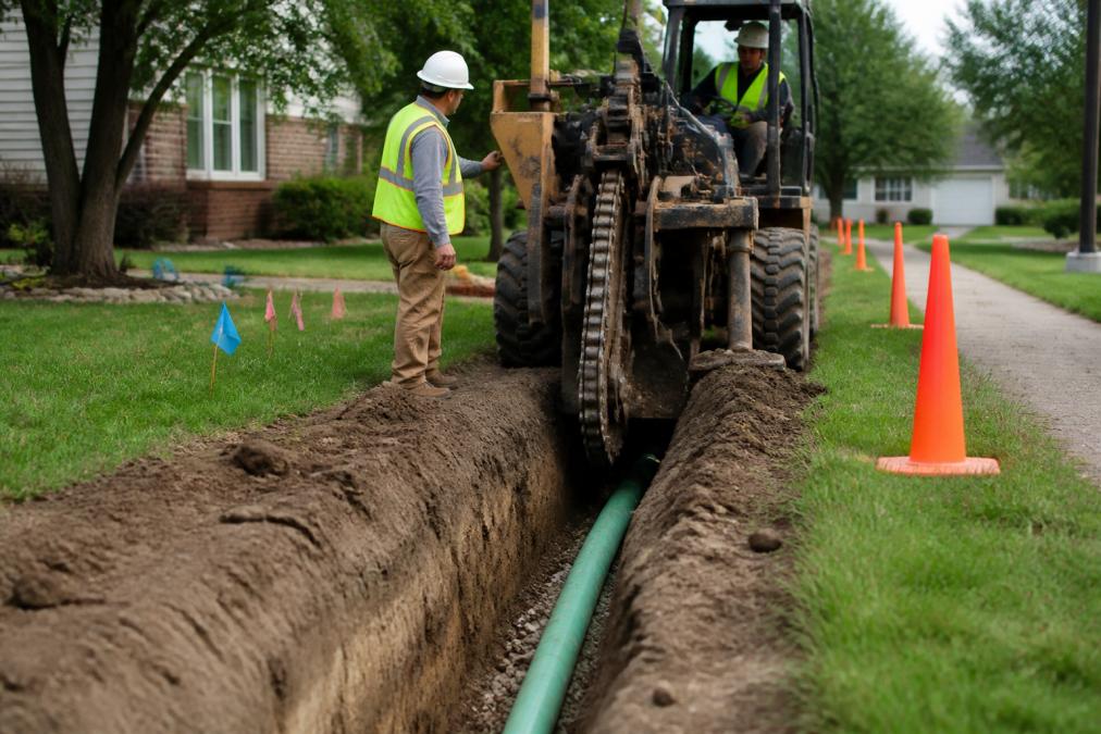 A crew using a trencher to install underground utility pipes on a residential lot, with safety cones and marked utility lines visible
