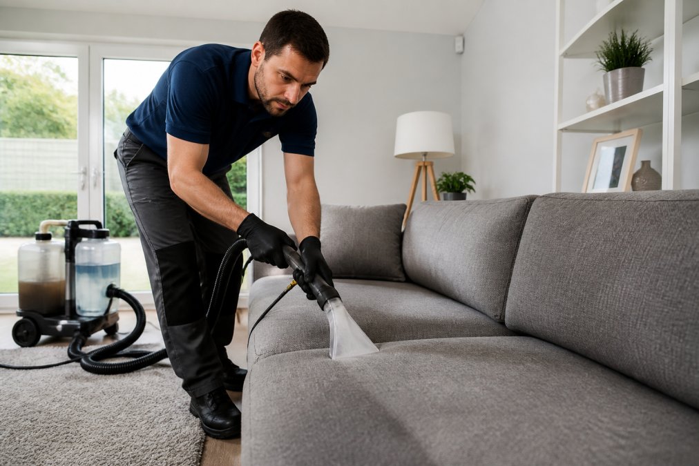 A professional technician using a hot water extraction wand on a grey fabric sofa in a bright living room, with clean and dirty water tanks visible in the background