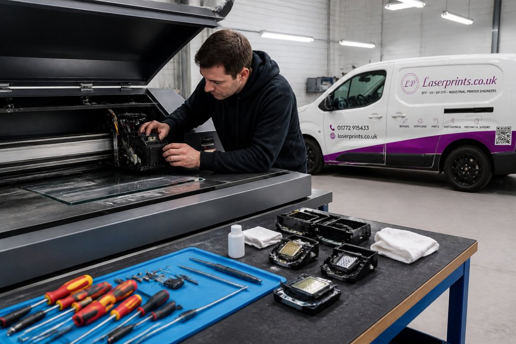 A qualified engineer in a clean workshop closely inspecting the printhead of a UV flatbed printer, tools and spare parts arranged on a workbench under bright overhead lighting