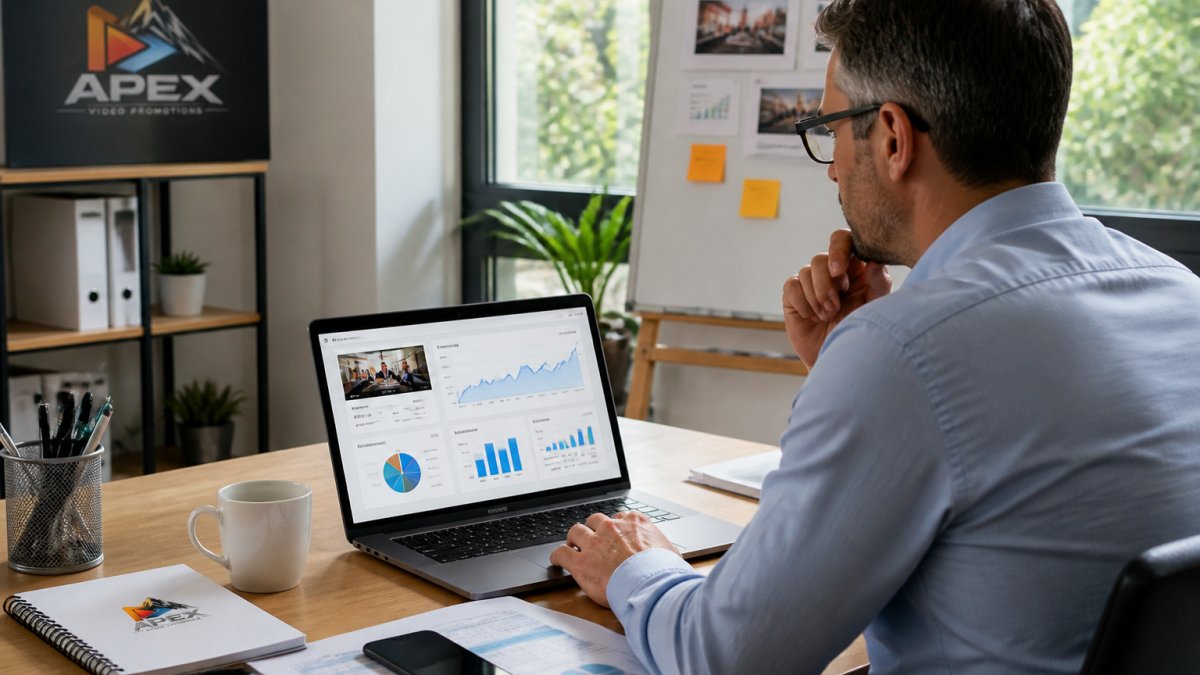 A marketing manager reviewing video analytics on a laptop in a bright office, charts and graphs visible on the screen, natural window light