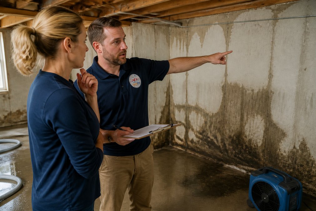 Homeowner reviewing a water damage report with a contractor to discuss water extraction pricing in a basement.
