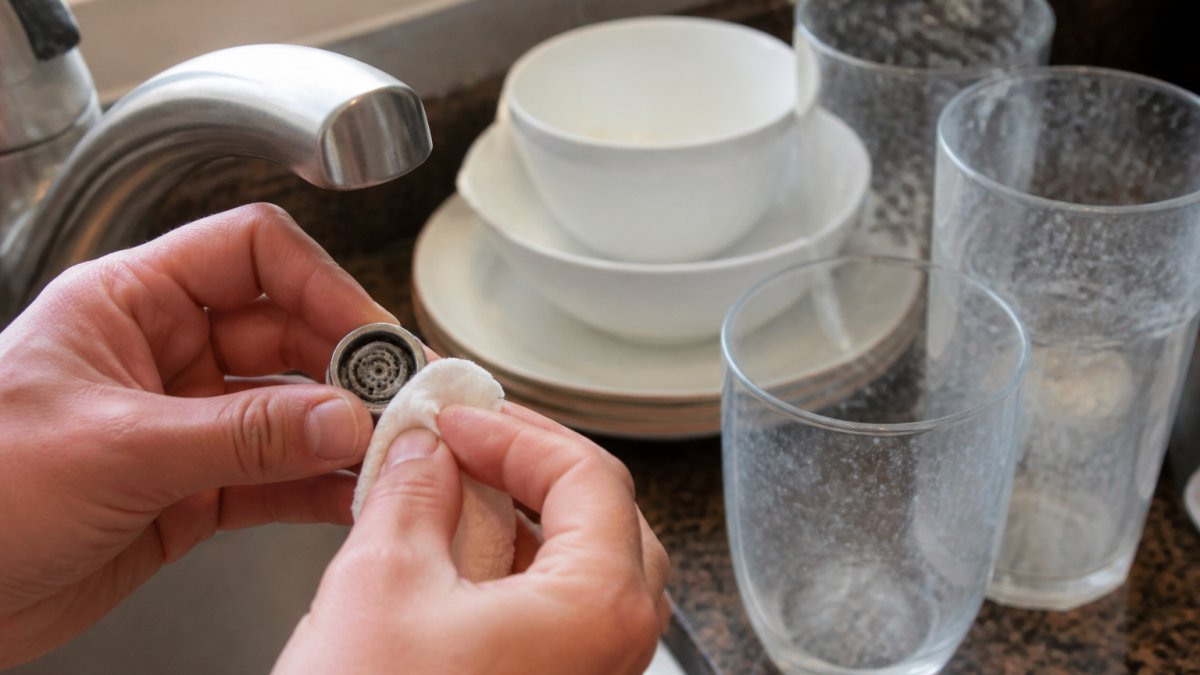 Close-up of a homeowner's hands wiping white chalky scale buildup from a kitchen faucet aerator, with a water-spotted glass and cloudy dishes visible on the counter behind it