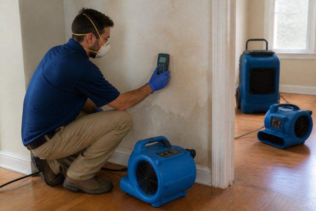 A restoration technician in safety gear using a moisture meter on a wet drywall wall inside a home, with professional air movers and a dehumidifier visible in the background