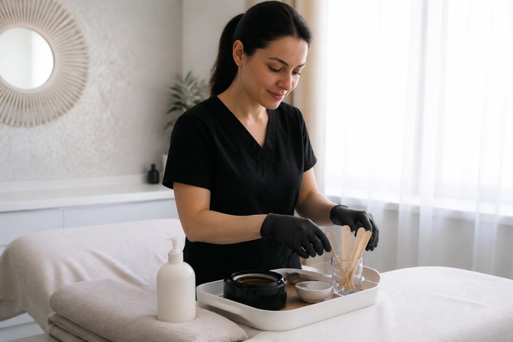 Esthetician preparing supplies and hard wax for a professional waxing appointment in a clean treatment room.