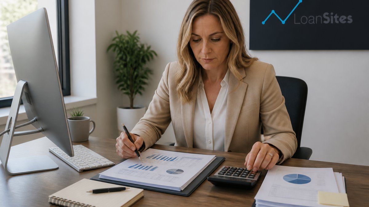 Financial advisor reviewing website maintenance metrics and data at a desk with a calculator and documents.