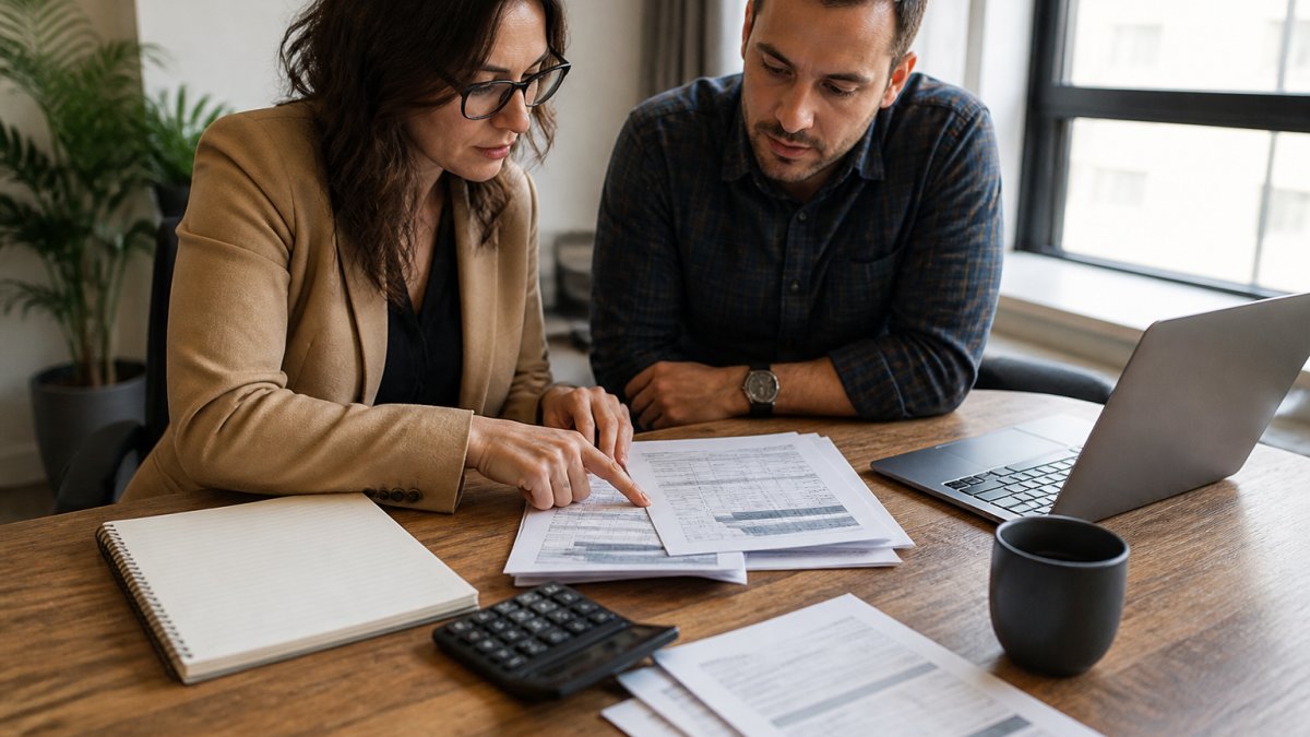 Digital consultant reviewing a website remediation audit report with a business owner at a desk