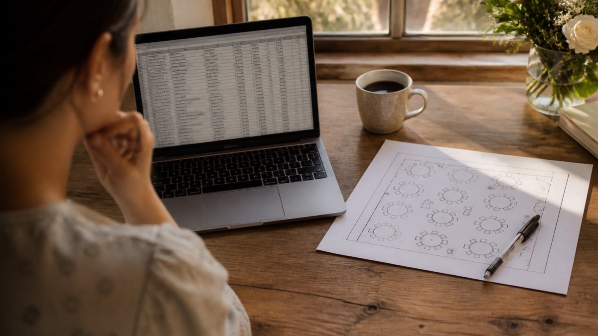 A wedding planner at a wooden desk comparing a laptop showing a guest list spreadsheet beside a printed seating chart, a coffee cup and pen nearby, warm afternoon window light