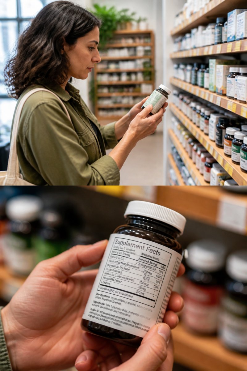A person examining product labels in a bright, modern wellness store, looking closely at the ingredients list on a natural supplement bottle