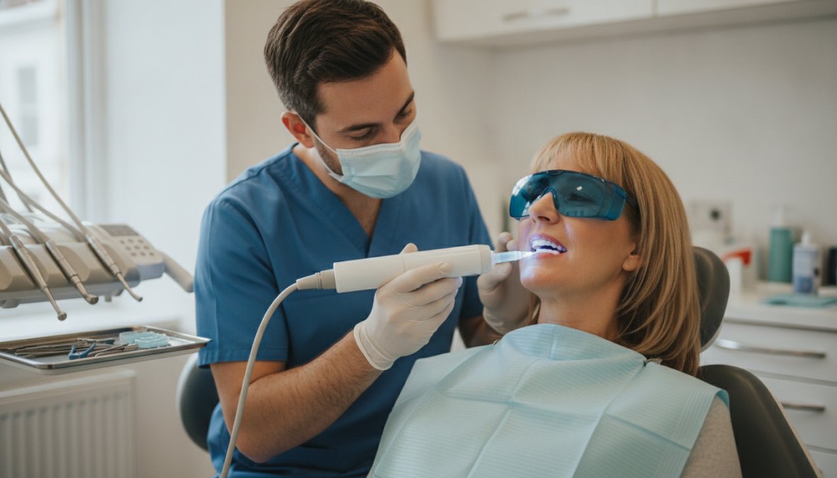 Dental professional applying professional-grade whitening gel to patient's teeth in clinical setting with protective barriers and LED light technology
