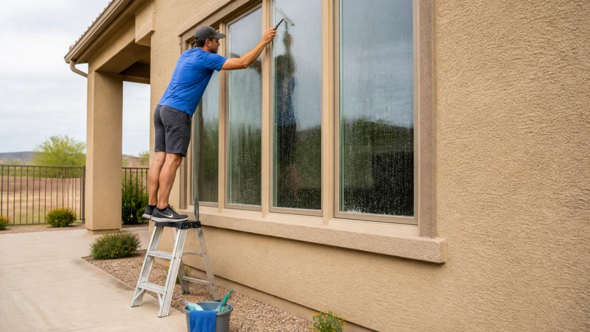 Infographic comparing the physical effort of DIY window cleaning versus the efficiency of professional window cleaning.