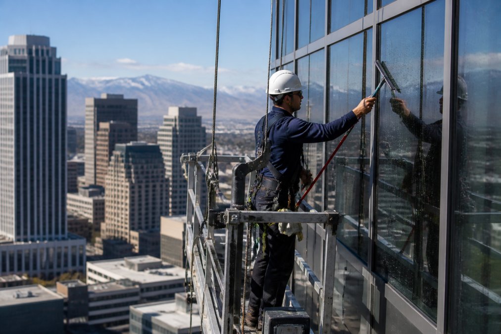 A window cleaning technician in a full safety harness and hard hat working on the exterior glass facade of a tall commercial building, suspended on a swing stage with the city skyline visible in the background on a clear morning